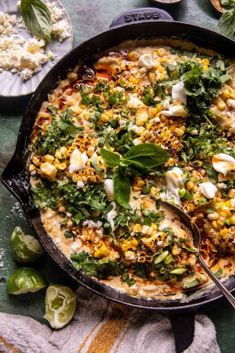 Skillet Creamed Street Corn Chicken | halfbakedharvest.com Street Corn Chicken, Corn Chicken, Half Baked, Street Corn, Half Baked Harvest, Skillet, Favorite Things, Corn, Most Popular