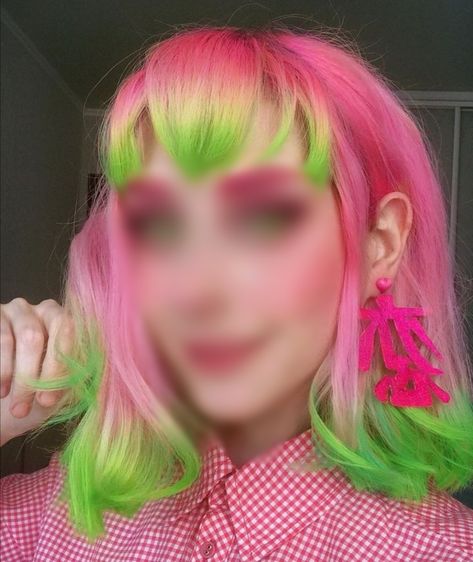 Pink To Green Ombre Hair, Pink Hair With Green Tips, Peach And Green Hair, Pink And Lime Green Hair, Pink And Green Short Hair, Pink And Green Hair Ideas, Watermelon Hair Color, Neon Pink And Green Hair, Pink To Green Hair