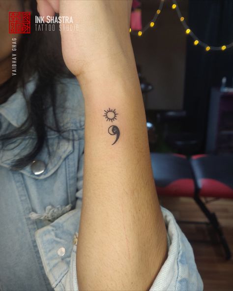 tattoo small inkshastra inked art tiny sun moon semicolon yinyang Yin Yang Sun Moon Tattoo Small, Sun Tattoo With Semicolon, Moon And Sun Semicolon Tattoo, Ying Yang Semicolon, Sun And Moon Semicolon, Semi-colon Tattoo Star And Moon, Semi-colon Tattoo Sun Moon, Cool Semi Colon, Semi-colon Tattoo Yin Yang