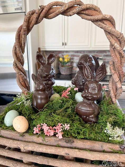 Chocolate Bunny Centerpiece, Chocolate Bunny Decor, Easter Kitchen Decor, Bunny Diy, Dough Bowl Centerpiece, Easter Table Decor, Kitchen Table Centerpiece, Chocolate Easter Bunny, Spring Coffee