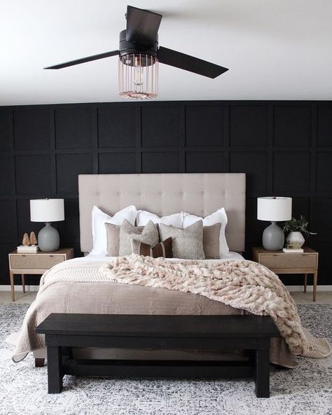 Black Walls Bedroom, Neutral Bedroom Decor, Feminine Bedroom, Neutral Bedrooms, Bedroom Trends, Accent Wall Bedroom, Bedroom Renovation, Style Deco, Master Bedrooms Decor