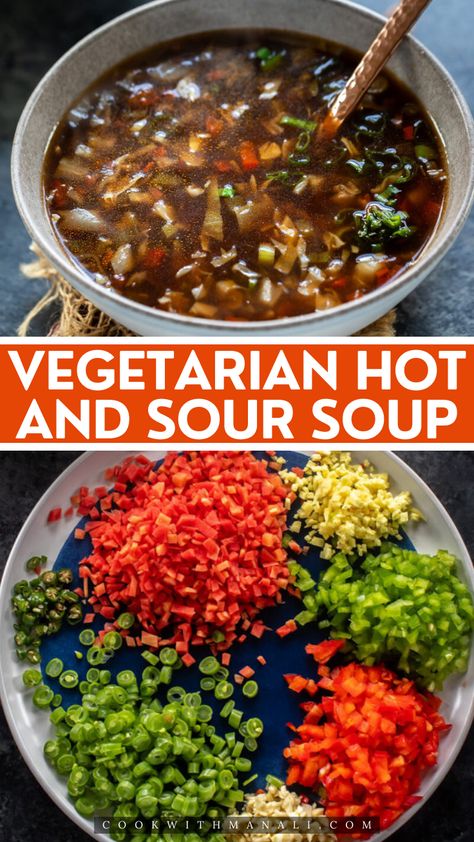 This easy vegetarian hot and sour soup is packed with tons of vegetables, lightly seasoned and makes the perfect light meal of a cold day. Vegetable Packed Soup, Vegetarian Hot And Sour Soup, Hot And Sour Soup Recipe Vegetarian, Vegan Hot And Sour Soup Recipe, Vegan Hot And Sour Soup, Hot And Sour Soup Recipe Easy, Hot N Sour Soup, Hot And Sour Soup Recipe, Sweet And Sour Soup