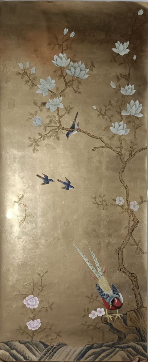 Chinoiserie Panels Hand Painted Wallpaper Chinoiserie Mural on Gold Metallic Panel - 2 Panels | Chairish Gold Chinoiserie Wallpaper Bedroom, De Gournay Wallpaper Bathroom, Vintage Chinoiserie Wallpaper, Chinoiserie Mural Wallpaper, Fromental Wallpaper Chinoiserie, De Gournay Wallpaper Chinoiserie Chic, Chinesoire Wallpaper, Chinoiserie Wallpaper Bathroom, Gold Chinoiserie Wallpaper