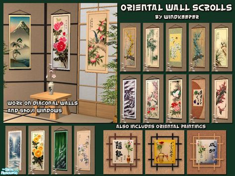 Set of oriental wall scrolls with a new mesh and several recolors. This wall scroll will also work on diagonal walls, diagonal mesh is included.  Found in TSR Category 'Objects' Sims Wall Decor Cc, Furniture Cc, Sims Stories, Sims 4 Cas Mods, Wall Scroll, Sims 4 Anime, Play Sims, Japanese Furniture, Mode Kimono