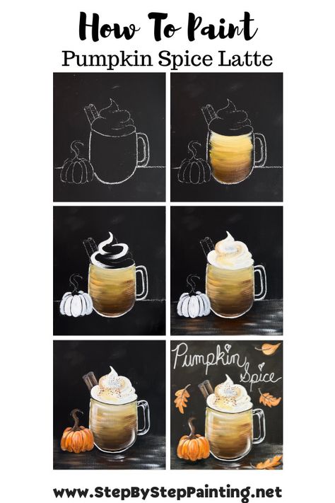 Pumpkin Spice Painting, How To Do Canvas Painting Step By Step, Pumpkin Spice Latte Painting, Fall Canvas Painting Ideas Easy Diy Step By Step, Pumpkin Fall Painting, Fall Painting For Beginners, Halloween Painting Tutorial Step By Step, Pumpkin Paint And Sip, Fall Acrylic Painting Tutorial