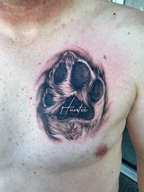 Dog Paw Tattoo For Men, Clean Tattoos, Pet Portrait Tattoos, Dog Pawprint Tattoo, Palm Mehndi Design, Tribute Tattoos, Dog Memorial Tattoos, Portrait Tattoos, Pawprint Tattoo