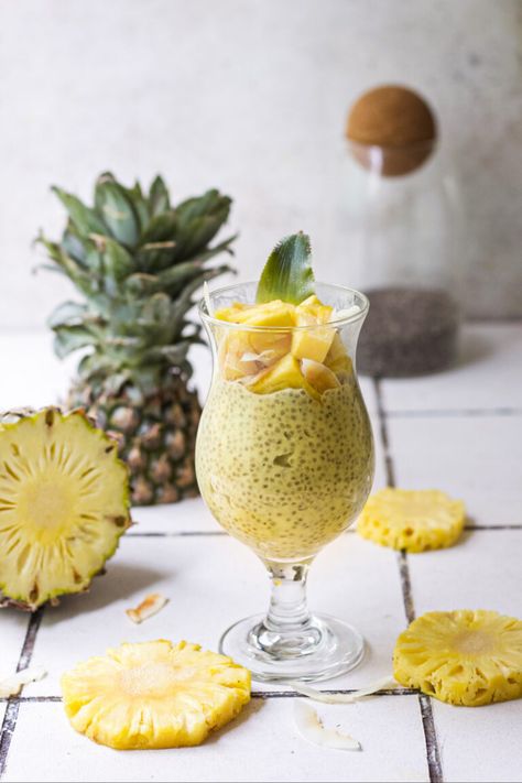 PINA COLADA CHIA PUDDING - Bake with Shivesh Pina Colada Chia Pudding, Pina Colada Chia Seed Pudding, Pineapple Chia Seed Pudding, Apple Pie Chia Seed Pudding, Butterfly Pea Chia Pudding, Chai Pudding, Chia Seed Pudding Photography, Bake With Shivesh, Chia Seed Coconut Milk