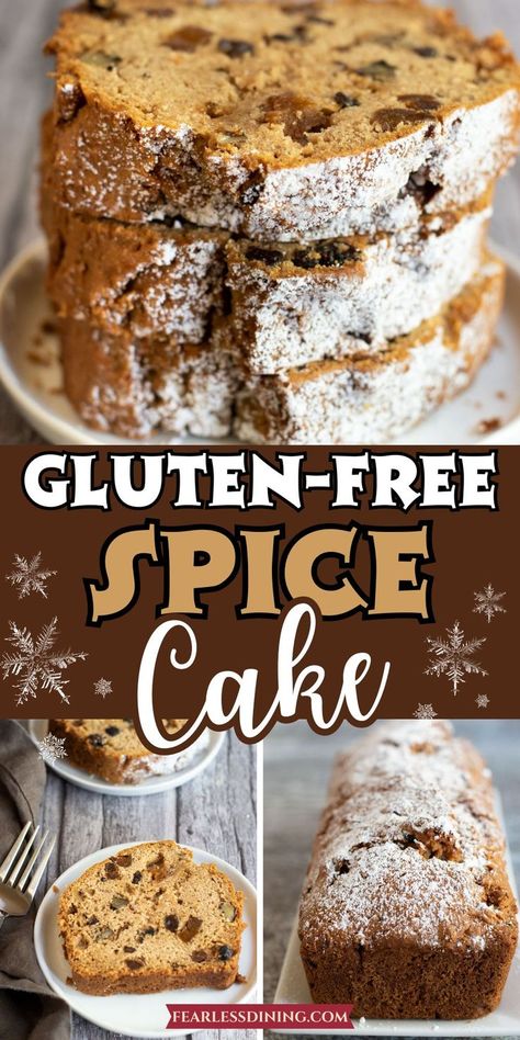 This delicious, homemade gluten free spice cake recipe is perfect for the fall and holidays. I use natural dried fruit instead of dyed fruit. You can make this as a loaf cake or sheet cake topped with frosting. There is also a dairy-free option. Gluten Free Loaf Cake Recipes, Dairy Free Spice Cake, Gluten Free Spice Cake Recipe, Gluten Free Spice Cake, Spice Cake Mix Recipes, Gluten Free Spices, Spice Cake Recipe, Gluten Free Birthday Cake, Pumpkin Cupcake Recipes