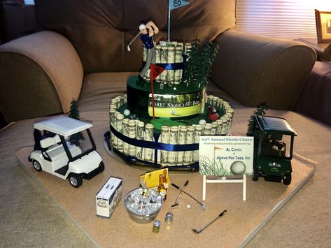 Golf Gift Wrapping Ideas, Golf Money Gift Ideas, Quirky Cakes, Flower Money, Money Folding, Money Cakes, Golf Trophy, Golf Birthday Gifts, Faux Cake