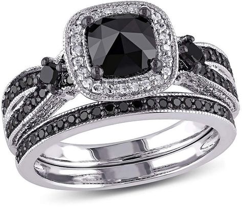 MODERN BRIDE Womens 1 1/2 CT. T.W. Color Enhanced Black & White Diamond Sterling Silver Bridal Set Engagement Wedding Ring Sets, Bridesmaid Jewelry Sets, Diamond Bridal Sets, Bridal Ring Set, Ring Style, Bridal Set, Halo Rings, Bridesmaid Jewelry, Bridal Sets