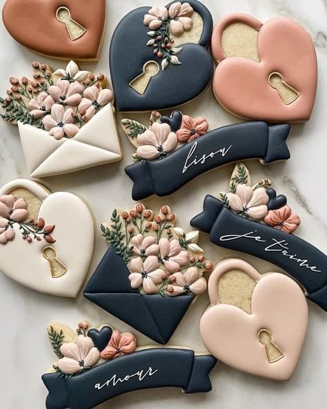 Seasonal Cookies, Romantic Color Palette, Valentine Cookies Decorated, Anniversary Cookies, Cookies Decoration, Valentine Sugar Cookies, Royal Iced Cookies, Cookie Decorating Party, Shower Cookies