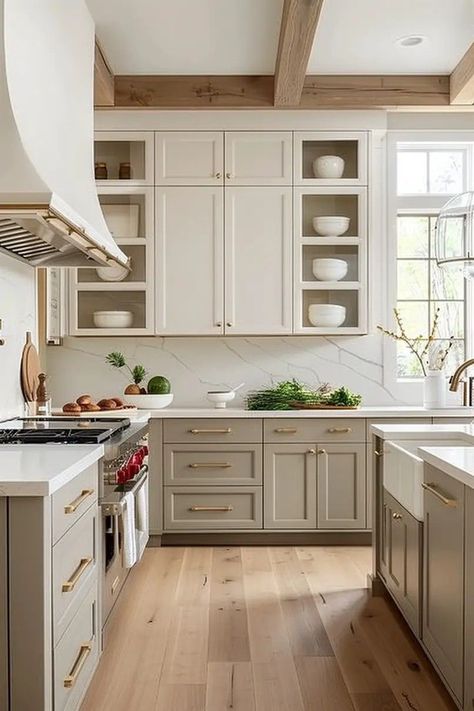 Neutral Luxury Kitchen, Muted Kitchen Cabinets, Kitchen Design 2025, Modern Classic Kitchen Design Luxury, Traditional Kitchen Backsplash Ideas, Neutral Color Kitchen, White And Natural Wood Kitchen, Classic Kitchen Design Luxury, Grey Kitchen Ideas Modern