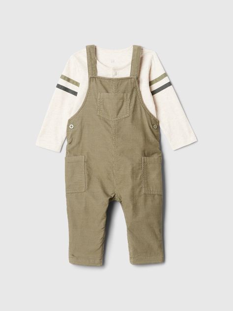 Soft corduroy overalls and bodysuit outfit set.  Overalls features adjustable straps, buttons at sides, and cargo pockets.  Bodysuit features assorted necklines, long sleeves, and snaps at inseam for easy dressing and diapering.  Straight, easy fit.  Sizes range from baby to toddler. 0 3 Months Baby Clothes Boy, Baby Brothers, Overalls Baby Boy, Boys Winter Clothes, Corduroy Overall, Future Boy, Bodysuit Outfit, Overall Outfit