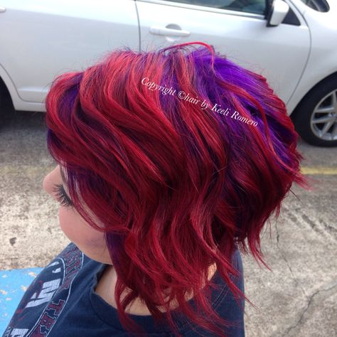 Red Hair With Purple Roots, Red And Purple Pixie Hair, Purple Roots Red Hair, Red And Purple Hair Short, Purple And Red Hair Ombre, Red Mermaid Hair, Purple And Red Hair, Fun Haircolor, Red And Purple Hair