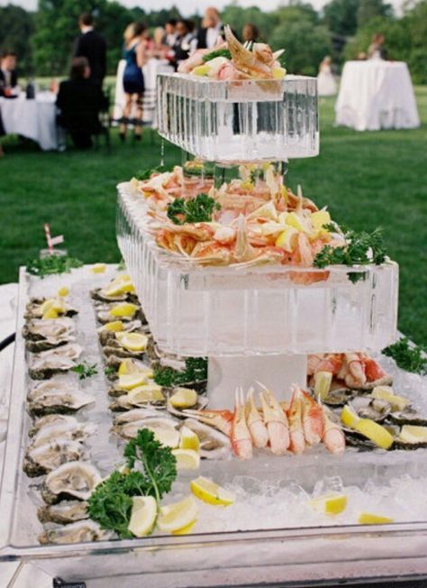 Cold Seafood Bar Cocktail Hour Food Stations, Reception Appetizers, Wedding Cocktail Hour Food, Ice Sculpture Wedding, Wedding Food Bars, Cocktail Hour Food, Wedding Food Stations, Seafood Buffet, Lots Of Food