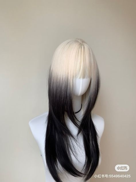 Cool Two Toned Hair, Black And White Hairstyle, White Hair With Black Tips, Black And Blonde Hairstyles, Blonde To Black, White And Black Hair, Black And White Wig, Black And White Hair, Black White Hair