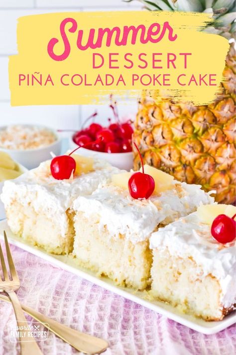 This Piña Colada Poke Cake is the perfect dessert on hot summer nights, or when you want to serve something cold and refreshing. This cake has all of the delicious flavors of the classic Piña Colada cocktail – pineapple and coconut. These tropical flavors are abundant in every bite of this luscious cake. Pina Colada Poke Cake Recipe, Pina Colada Poke Cake, Pina Colada Cake, Italian Cream Cakes, Poke Cake Recipes, Poke Cakes, Summer Cakes, Easy No Bake Desserts, Summer Dessert Recipes