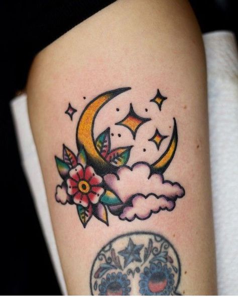 Traditional Back Of Arm Tattoo, 00s Tattoo Ideas, Small Fill In Tattoos, Traditional Tattoos Ideas, Moon Tattoo Traditional, Moon Traditional Tattoo, Traditional Style Tattoo For Women, Fill In Tattoos, Traditional Nature Tattoo