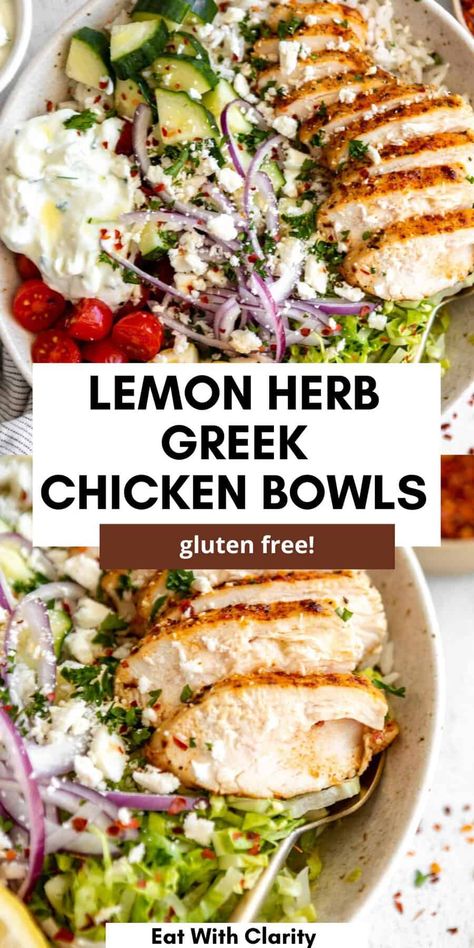 These lemon herb greek chicken bowls are easy to make, healthy and perfect for meal prep. These bowls are high in protein, loaded with veggies and gluten free with homemade tzatziki. Gluten Free Nutrient Dense Meals, Meals With No Processed Foods, High Protein Heart Healthy Meals, Lemon Herb Chicken And Rice, Cold Chicken Meal Prep, Healthy Quick Family Meals, Healthy Food Prep Recipes, Keto Greek Chicken Bowls, Ibs Meals Dinners