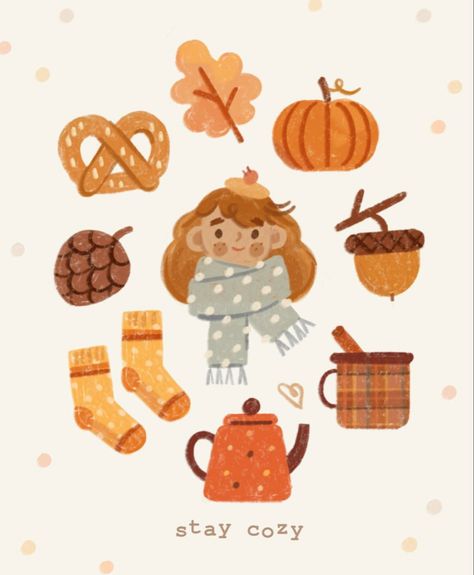 October Illustration Fall, Autumn Drawings Aesthetic, Acorn Doodle, Fall Illustration Autumn, November Illustration, October Illustration, Autumn Kawaii, Fall Illustrations, Cozy Illustration