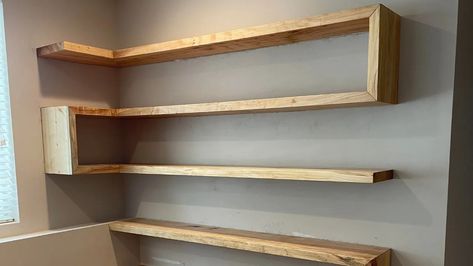 Shelves Diy Bedroom Shelves, Wall Shelving Diy, Diy Wood Shelving, Wooden Shelf Diy, Diy Bedroom Decorating, Upcycle Headboard, Wall Floating Shelves, Accent Wall Paint, Diy Wall Shelves