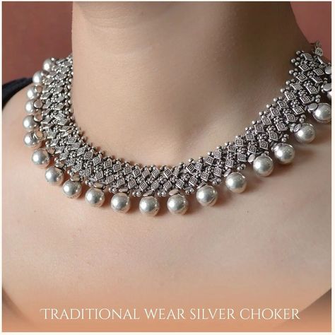 Silver with Sabi®️ on Instagram: “Traditional Wear Silver Choker📿📿 Intricately designed silver choker for occasional wearing purposes made in 92.5 silver. ▶️ Minimalist…” Choker Necklace Designs Silver, Necklace Designs Silver, Choker Necklace Designs, Fancy Jewellery Designs, Bride Jewelry, Silver Choker, Fancy Jewellery, Traditional Wear, Mirror Work