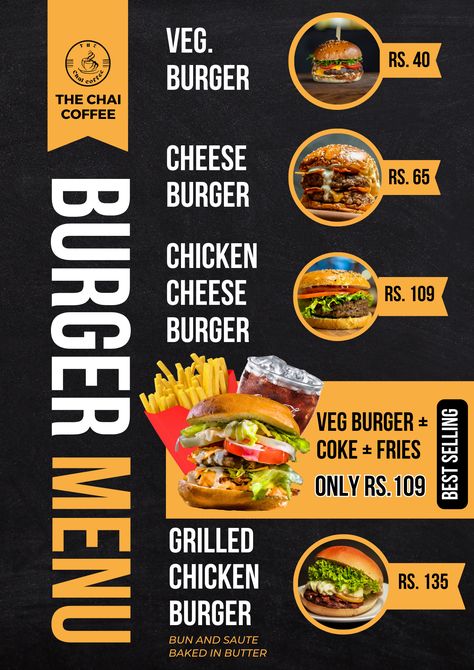 Burger Menu Card for Cafe Burger Menu Design, Burger Sauces, Burger Store, Burger Bread, Menu Burger, Menu Card Design, Burger Menu, Burger Places, Fast Food Menu