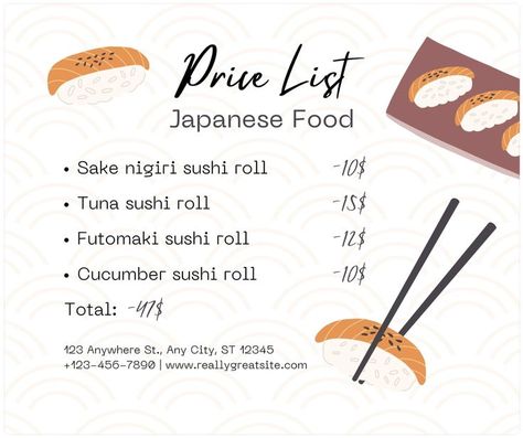 White Simple Japanese Food Sushi Price List Facebook Post by Anka Drozd Canva Template Cucumber Sushi Rolls, Tuna Sushi Rolls, Cucumber Sushi, Japanese Food Sushi, Tuna Sushi, Food Sushi, Nigiri Sushi, Facebook Post Template, Facebook Post