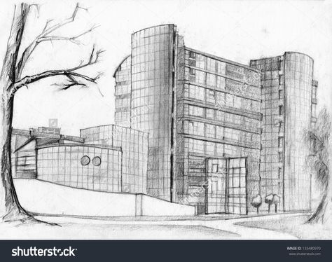 Architectural Buildings Sketches, Frank Gehry Architecture, Gehry Architecture, Architectural Buildings, Pencil Drawings Of Flowers, Shading Drawing, Sketches Ideas, Simple Building, Building Sketch