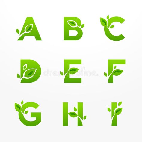 Illustration about Vector set of green eco letters logo with leaves. Ecological font from A to I. Illustration of colorful, isolated, flat - 48278794 Uk Logo Design, Eco Logo Design, Fresh Logo Design, Landscaping Logo, Green Logo Design, Uk Logo, Tree Logo Design, Agriculture Logo, Fresh Logo