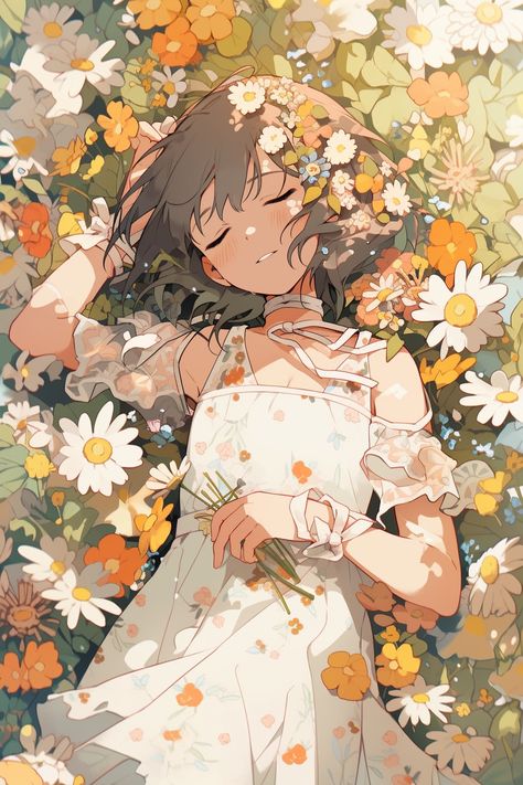 Newest Midjourney AI-generated Showcase managed by ThetaCursed, License: CC BY-NC 4.0 Friends Laying On The Ground, Anime Field Of Flowers, Character Surrounded By Flowers, Laying In Flowers Drawing, Laying Down In Flowers, Laying In Flower Field, Laying Down Illustration, Flower Field Drawing, Flower Field Illustration