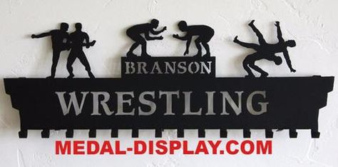 Wrestling Trophy Display Ideas, Wrestling Medal Display Ideas Diy, Wrestling Medal Display Ideas, Wrestling Pins Display, Wrestling Shadow Box Ideas, Wrestling Medal Display, Display Medals, Hockey Stick Medal Hanger, Sport Medal