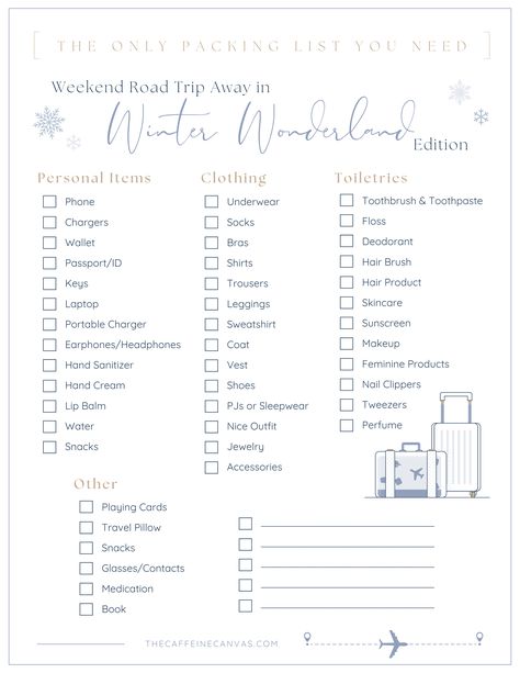 Pack stress-free for your winter road trip! Discover the only packing list you need for a cozy, organized weekend in a snowy wonderland. Winter Packing Checklist, 4 Day Packing List Winter, Packing List Winter Vacation, Weekend Trip Packing List Winter, Winter Weekend Packing, Cold Weather Packing List, Weekend Trip Packing List, Winter Vacation Packing, Winter Trip Packing List