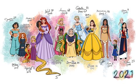 To celebrate the new Disney Princess movie 'Raya and the Last Dragon' I drew a remake of a piece I did in 2017. So basically its as if the Princesses were born the day their movie came out. So Raya is a new born and Beauty and the Beast came out in 1991 so she is 30 this year Mother Gothel And Rapunzel, Princesas Disney Anime, Disney Au, Disney Princess Artwork, Wanda Vision, New Disney Princesses, Disney Princess Fan Art, Disney Princess Fashion, Disney Facts