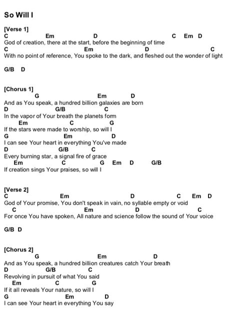 “So Will I” Chords! Page 1 Worship Songs Chords, Christian Songs Piano Chords, Christian Piano Chords, Worship Piano Chords, Worship Songs Ukulele Chords, Piano Chords Songs Popular, Ukelele Christian Songs, Worship Guitar Chords, Easy Worship Songs For Guitar