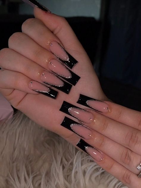 Multicolor  Collar    Color Nails Embellished   Nail,Hand & Foot Care Black Baddie Acrylic Nails, Black Squared French Tips, Baddie Bday Nails, Square Nails Baddie, Prom Black Nails, Acrylic Nails Black French Tip, Baddie Black Nails, Black Dress Nails, Black Baddie Nails