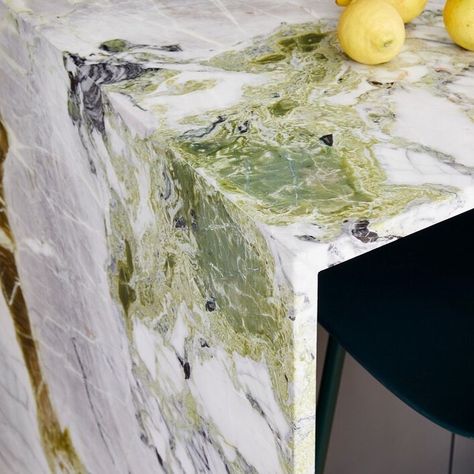 This beautiful waterfall kitchen island in #Blackheath has been made out of green marble.  It's absolutely stunning and the detail in the marbling is something else. #luxurykitchen #kitcheninspiration #marbleworktop Marble Worktop Kitchen, Marble Waterfall Island, Waterfall Kitchen Island, Kitchen Diner Lounge, Marble Floor Kitchen, Marble Worktop, Waterfall Island Kitchen, Waterfall Kitchen, Marble Backsplash Kitchen