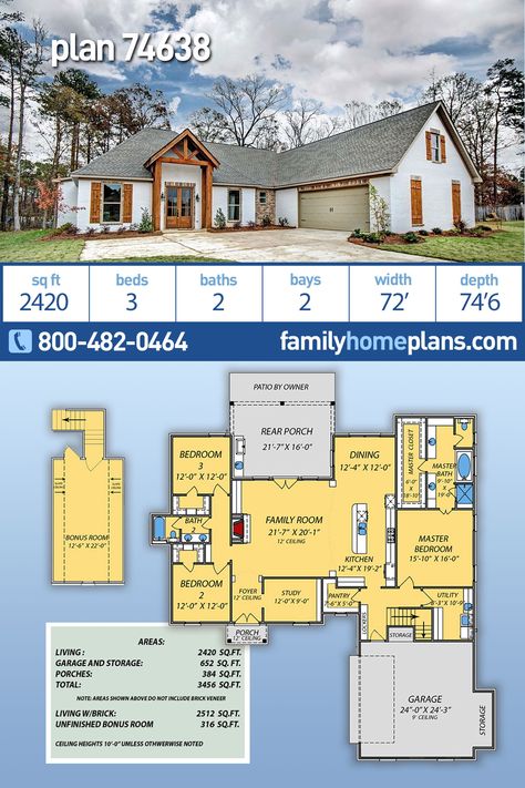 French Country, Traditional House Plan 74638 with 3 Beds, 2 Baths, 2 Car Garage Floor Plan With Bonus Room, Spanish Style Homes Plans, French Country Traditional, Stool Seating, Fireplace Kitchen, Bedroom Country, Covered Porches, Open Family Room, Simple House Plans