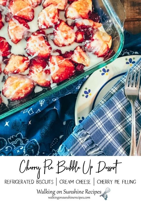 Cherry Pie Bubble Up Dessert - An easy recipe to make for brunch or dessert that uses refrigerated biscuits and canned fruit pie filling from Walking on Sunshine Recipes. #bubbleupdessert #pillsbury #cherrypiefilling #cannedfruit #biscuits Canned Cherry Pie Filling, Canned Cherry Pie, Fruit Pie Filling, Canning Cherry Pie Filling, Canned Cherries, Canned Biscuits, Easy Banana Bread Recipe, Cherry Desserts, Walking On Sunshine