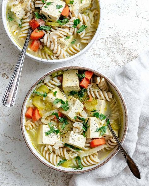 This Vegan Chicken Noodle Soup is so hearty and delicious! There are tons of ways to make it too. Whip up this Vegan Chicken Noodle Soup for dinner this week! Vegetarian Chicken Noodle Soup, Vegan Noodle Soup, Vegan Chicken Noodle Soup, Instant Pot Chicken Noodle Soup, Soup For Dinner, Tofu Chicken, Vegan Noodles, Plant Based Recipes Dinner, Vegetarian Chicken