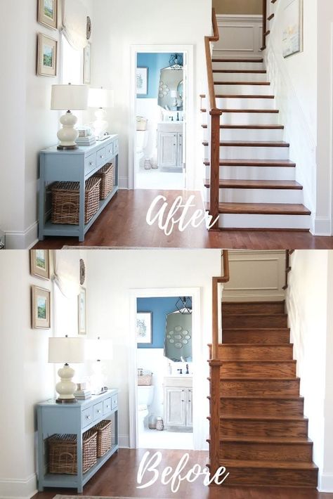 Stained Staircase, Porch Daydreamer, Painted Stair Risers, White Stair Risers, Stairs Makeover Design, Stairs Makeover Ideas, Stair Renovation, Stairs Renovation, Painted Staircases