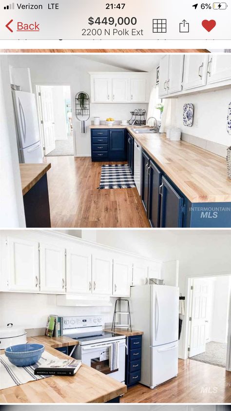 How to make existing white appliances feel like they fit; dark colored bottom cabinets (navy or gray), white cabinets up top that fade into white walls increases feeling of openness, butcher block counters Color Bottom Cabinets White Top, Navy Cabinets With White Appliances, Navy Blue Kitchen Cabinets White Appliances, Butcher Block Countertops White Appliances, Kitchen Cabinet Color Ideas With White Appliances, Butcher Block Countertops With Navy Cabinets, Cabinet Colors For White Appliances, Blue Bottom Cabinets White Top Butcher Block, Navy Cabinets Butcher Block Counter