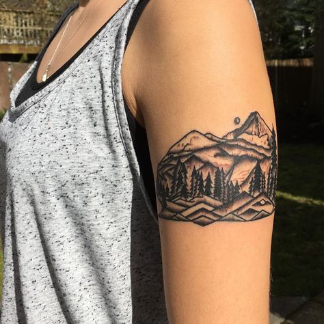 Wallowa wallowas mountains tattoo tattoos black and grey trees nature scene outdoors hike mountain evergreens Tattoo Ideas Adventure, Colorado Tattoos, Hiking Tattoos, Half Sleeve Tattoo Ideas, Moutain Tattoos, Berg Tattoo, Outdoor Tattoo, Mountain Tattoos, Hike Mountain