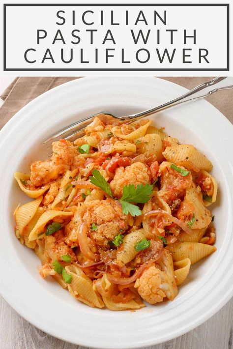 This meatless pasta dish pairs a uniquely Sicilian blend of ingredients with steamed cauliflower to make an easy and delicious one-dish dinner. Pasta With Cauliflower, Sicilian Pasta, Meatless Pasta, Cauliflower Pasta, Homemade Comfort Food, Recipe Using Chicken, Steamed Cauliflower, One Dish Dinners, Meatless Dinner