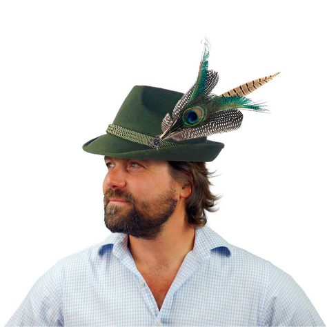 Tirol Green Fedora Felt Oktoberfest Hat with Deluxe Feather - #OktoberfestHaus.com #hat #fedora #costume #german #alpine #bavarian #oktoberfest #feather #fashion #hipster #style #peacock #pin #man German Souvenirs, Oktoberfest Hair, Bavarian Hat, Oktoberfest Party Decorations, Oktoberfest Hat, German Hats, Oktoberfest Decorations, Cowboy Men, German Costume