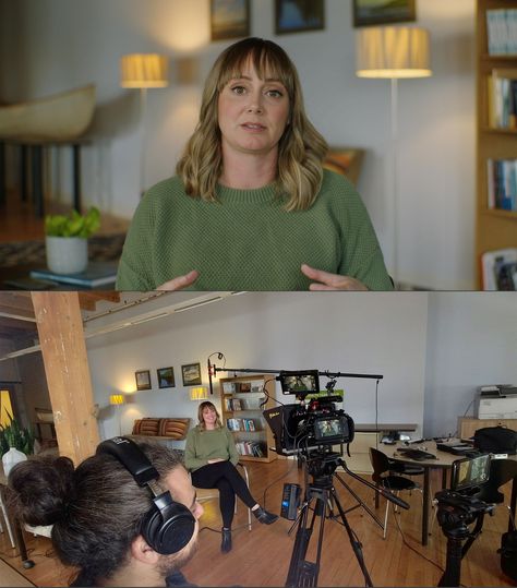 Top image of a caucasian woman looking straight into camera in an office environment. Bottom image of the camera and lighting setup. Interview Studio, Interview Lighting Setup, Interview Set Design, Interview Setup, Job Shadowing, Interview Rooms, Document Camera, Blackmagic Design, Fundraising Campaign