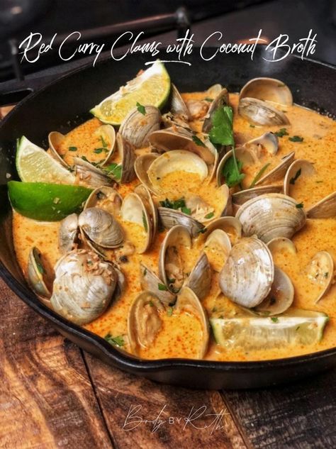 Indulge in a culinary escape with this Coconut Broth and Red Curry Infused Clams Delight. Perfect for a cozy dinner or an impressive gathering, this dish combines the rich creaminess of coconut with the vibrant flavors of red curry, creating a harmonious blend that enhances the natural sweetness of fresh clams. Easy to prepare yet sophisticated in taste, this recipe promises to transport your taste buds to a tropical paradise. Ideal for seafood lovers and those seeking a touch of exotic flair in their meals. Curry Clams, Canned Clam Recipes, Clam Recipe, Baked Mussels, Coconut Broth, Red Curry Recipe, Nice Restaurant, Mussels Recipe, Yummy Dishes