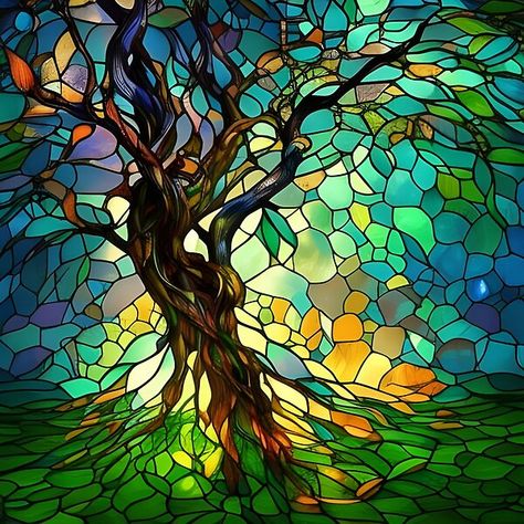 A faux stained glass image of a gnarled tree shedding its leaves in the wind Godly Art, Leaves In The Wind, Gnarled Tree, Stained Glass Tree, Glass Trees, Arty Ideas, Twisted Tree, Black Painting, Tree Coloring Page