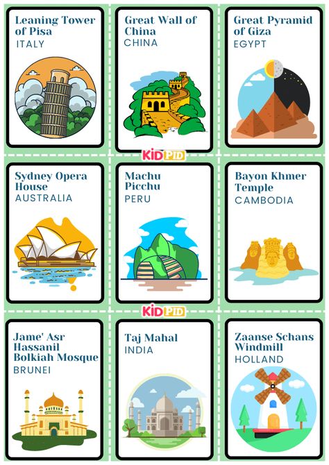 World Landmarks Handdrawn Flashcard Sheets 7 Wonders Of The World For Kids, Geography Printables, 7 World Wonders, Flashcards For Toddlers, Around The World Theme, World Landmarks, Country Facts, Animal Flashcards, Great Pyramid Of Giza