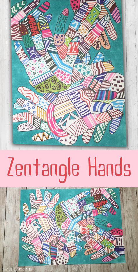 2nd And 3rd Grade Art Projects, Easy Elementary Art Projects, Zentangle Hands, Mindfulness Crafts, Easy Zentangle Art, Turkey Art Projects, Hand Art Projects, 7 Elements Of Art, Expressive Therapy